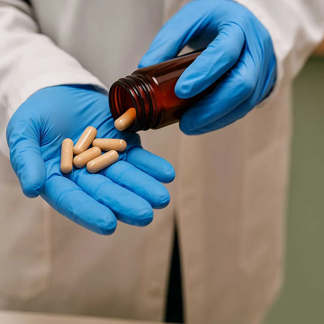 ApoVerum -Geprüfte Apothekenqualitaet der Inhaltsstoffe eine Person, die Pillen in eine Flasche schüttet